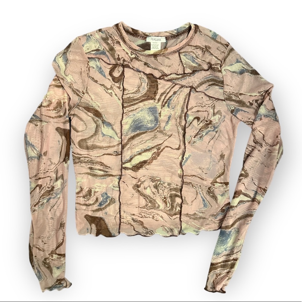 Persaya Marble Art Print Mesh Long Sleeve Top NWOT